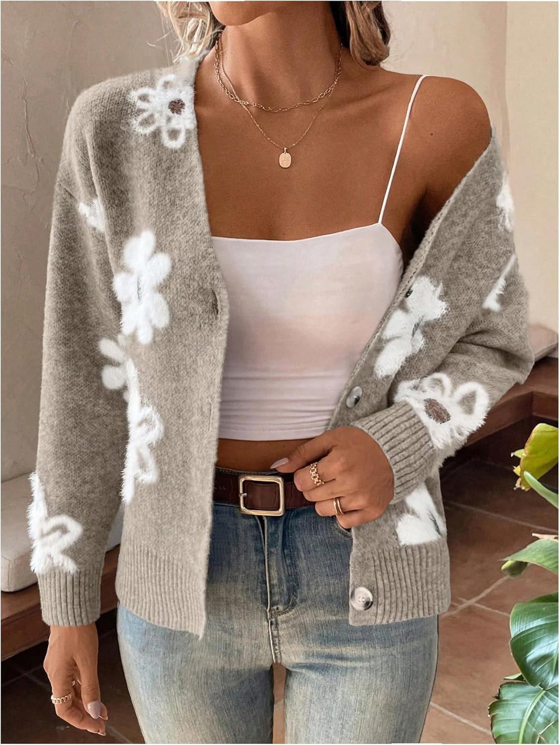 SHENHE Women's Floral Cardigan Sweater Open Front Long Sleeve Button Down Knit Sweater Outerwear - Image 4