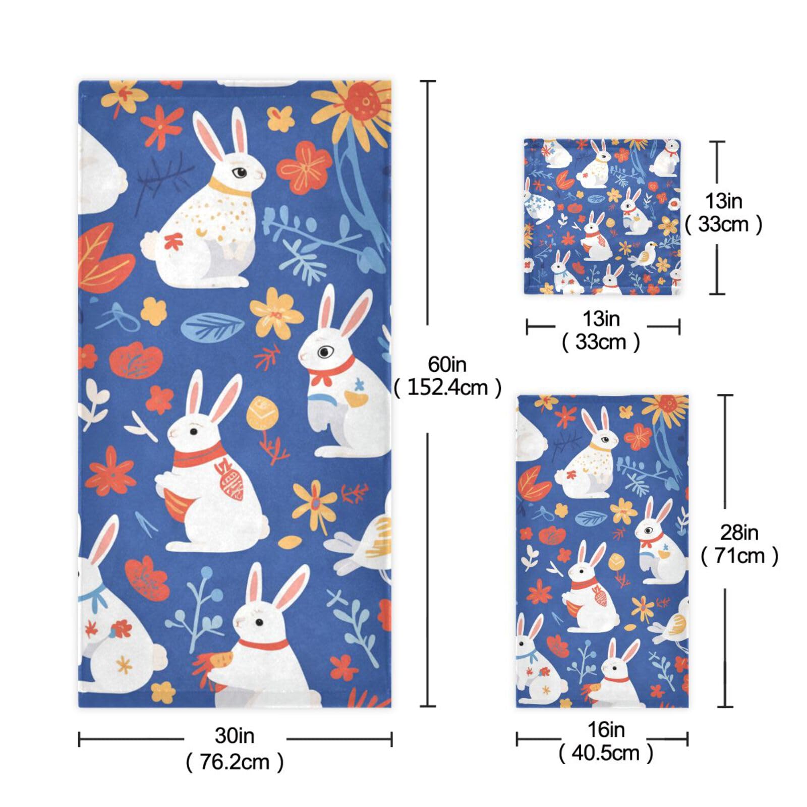 Set di 3 asciugamani in microfibra con coniglietti e fiori blu, 1 asciugamano da bagno, 1 asciugamano per le mani, 1 panno per spiaggia, capelli, viso, palestra, nuoto, cucina