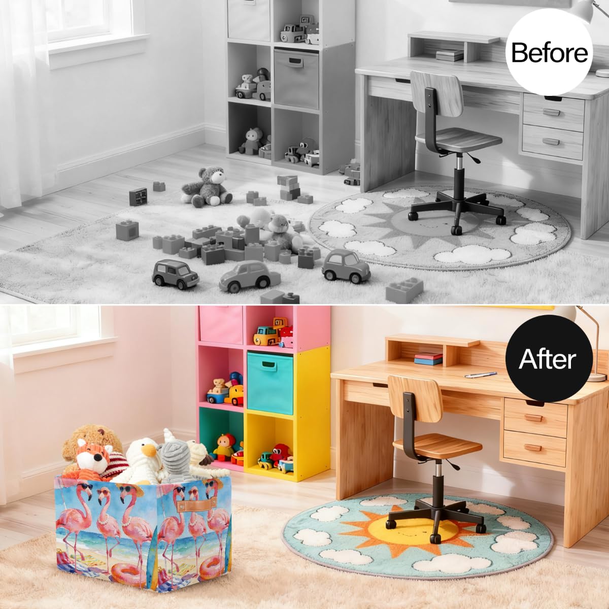 Lustiger Sommer-/Strand-Flamingo-Aufbewahrungskorb mit Ledergriffen, faltbarer Stoff-Aufbewahrungskorb für Schrank, Badezimmer, Wohnzimmer, Büro, Spielzeug, Organizer, Wäschekorb, 2 Stück