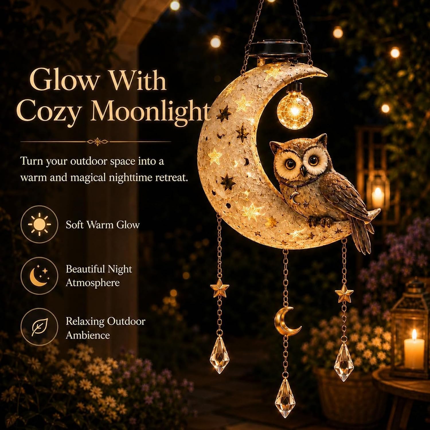 Gufo luna crescente luci solari lanterna appendere giardino esterno