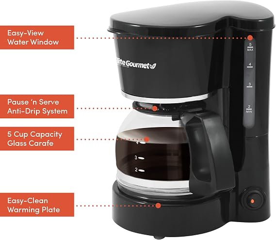 Elite Gourmet 5-Cup Automatic Coffee Maker and 2-Slice Cool Touch Toaster Bundle