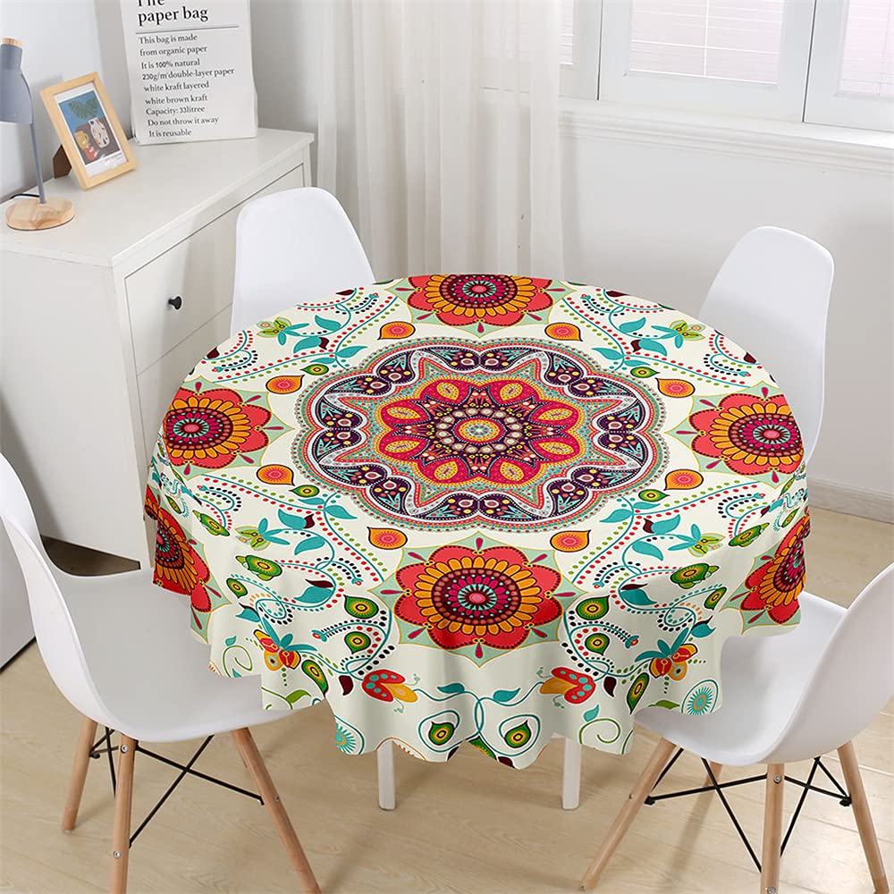 Chickwin Round Tablecloth Creative Colorful Bohemia Waterproof Dust-Proof Polyester Fabric Outdoor Table Cloth Wipe Clean Table Cover Kitchen Garden Round Table Decor (Flowers,90cm)
