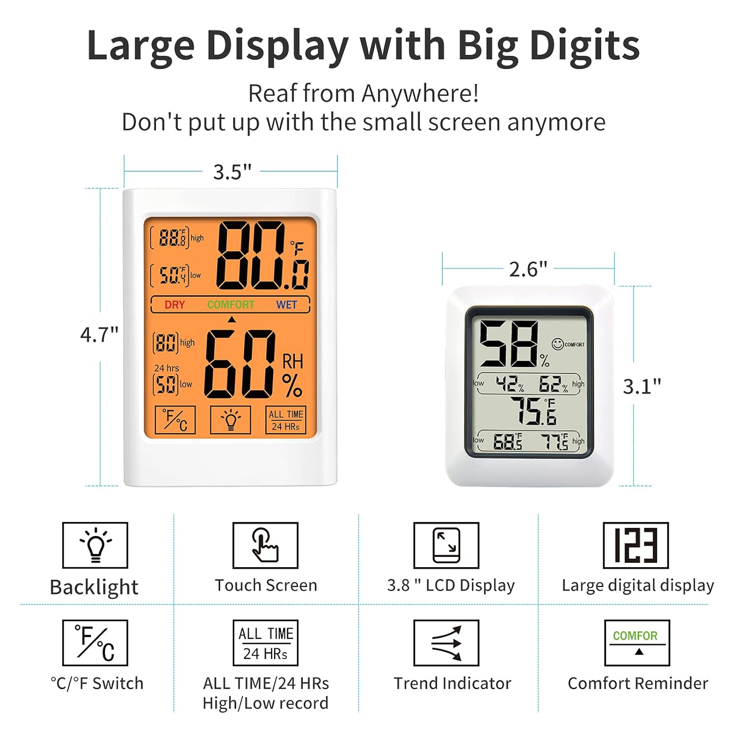Digital 3.8in Touchscreen Backlight Hygrometer Indoor Thermometer Room Humidity Gauge Temperature Humidity Monitor for Greenhouse, Baby Room and Office (White) : Appliances