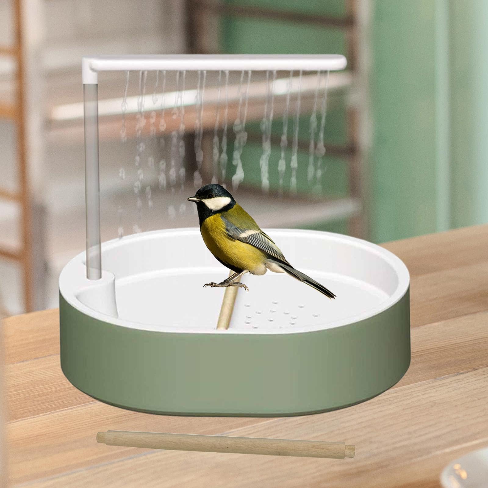 Milageto Papageienbadewanne mit Holzsitzstangen, Spielzeug und Verstellbarer Pumpe – automatische Vogelbadedusche für Nymphensittiche, Wellensittiche und, Weißer Duschkopf