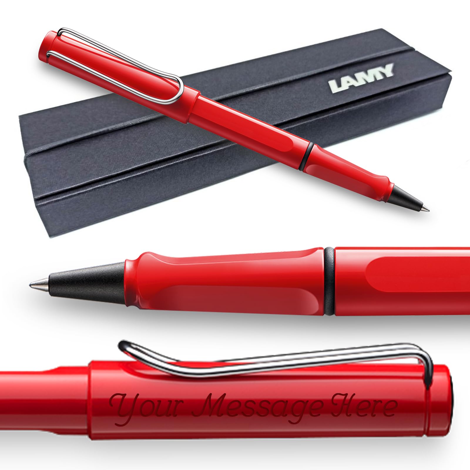 Lamy Safari Rollerball Pen with personalized engraving. Ergonomic grip, medium line width, robust ASA plastic, includes blue M 63 refill, and comes gift boxed. (Red)
