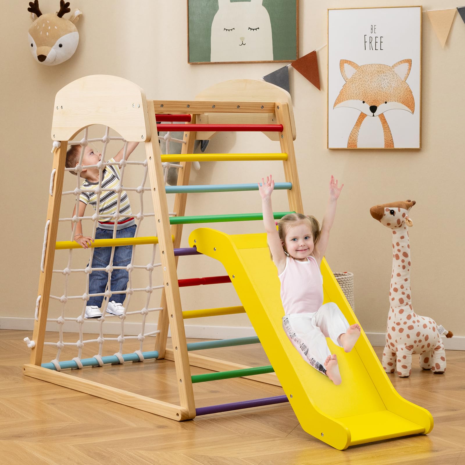 COSTWAY 4 en 1 Triangle d'escalade Montessori en Bois Enfants avec Toboggan, Aire de Jeu d’Escalade Intérieur avec Filet & Échelle d'escalade Montessori, Charge 50kg pour Bébé de 1 an+
