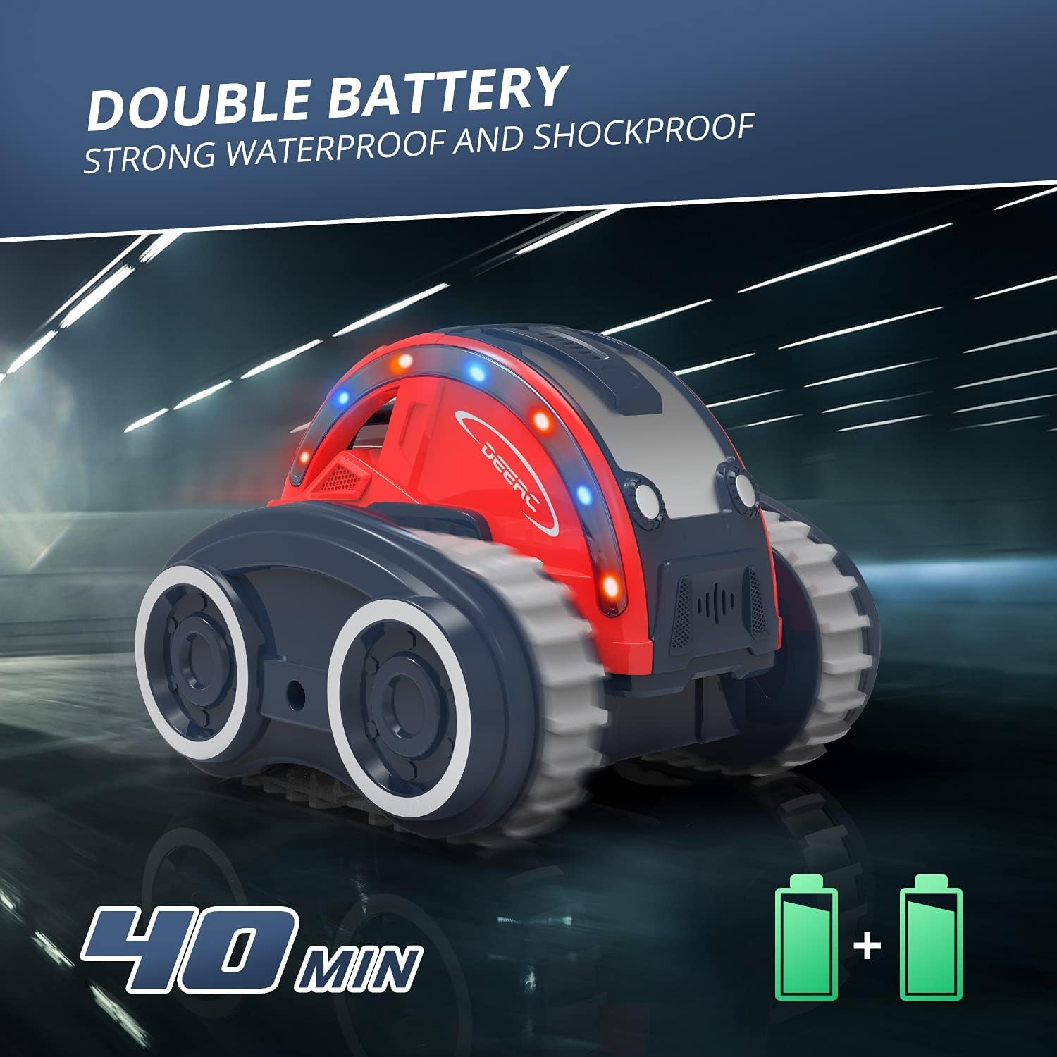 DEERC K-08 Amphibious Remote Control Car RC Cars, 2 Batteries for 40 MINS Play 2.4Ghz 4WD RC Boat with Replaceable Tires LED Lights, Waterproof All Terrain Stunt Car Toys for Boys Water Beach Pool