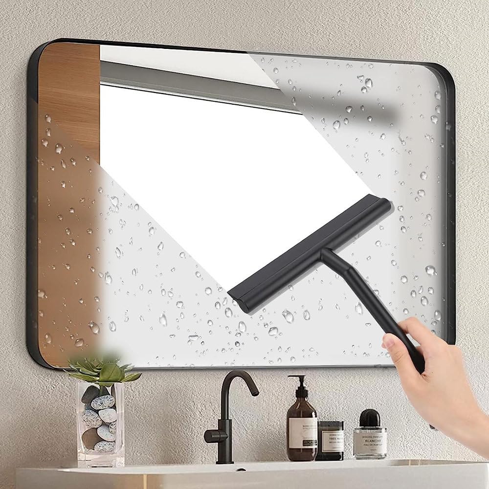 Limpiador de Ducha para Puerta de Vidrio, raspador de Pared de Ducha con Soporte de Silicona, Limpiador de Espejo de baño, raspador de Vidrio, Gancho Negro, 1 Pieza