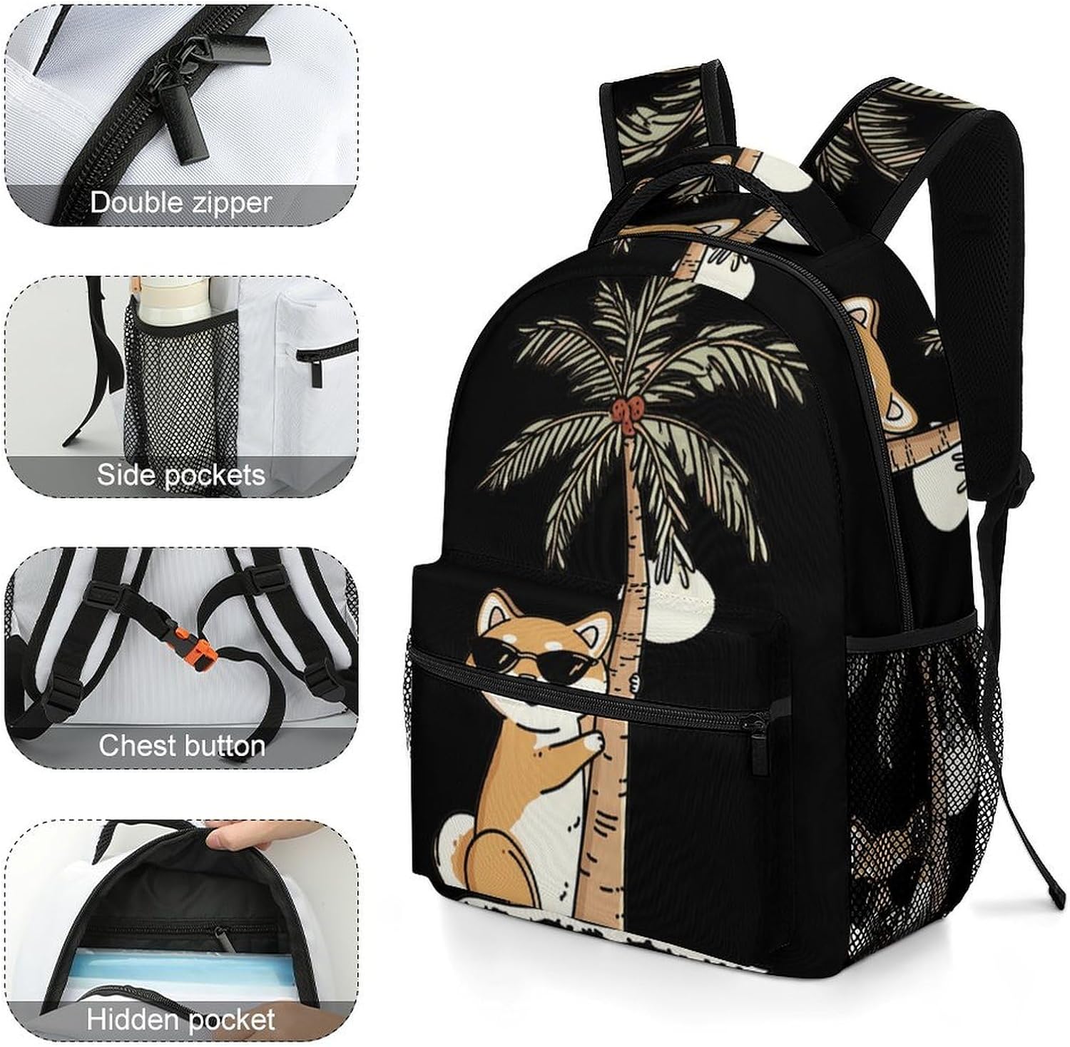 Cute Shiba Dog Palms Tree Unisex Backpack Casual Daypacks Lightweight Shoulders Bag for Camping Hiking Travel
