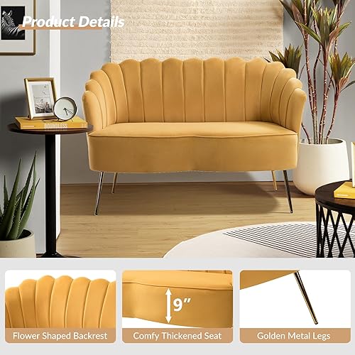 Miniatura 87 de HULALA HOME Moderno sofá biplaza de terciopelo con respaldo en forma de flor, cómodo sofá tapizado de 2 plazas con patas de metal dorado, sofá
