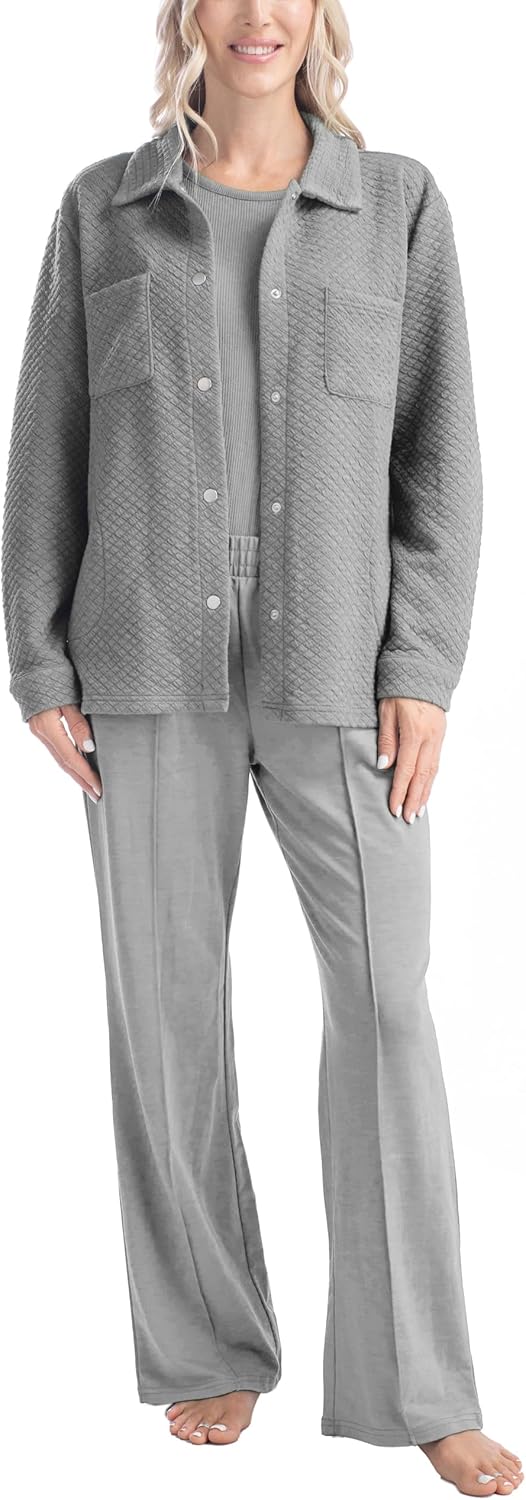 MUK LUKS Quilted Shacket 3 Piece Lounge Set, Long Sleeve T-Shirt, Pajama Pants with Pockets, Matching Jacket