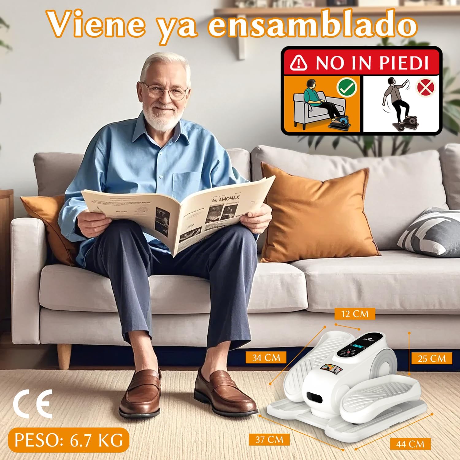 An elderly man sitting on a couch using the pre-assembled Amonax exerciser, with product dimensions shown.