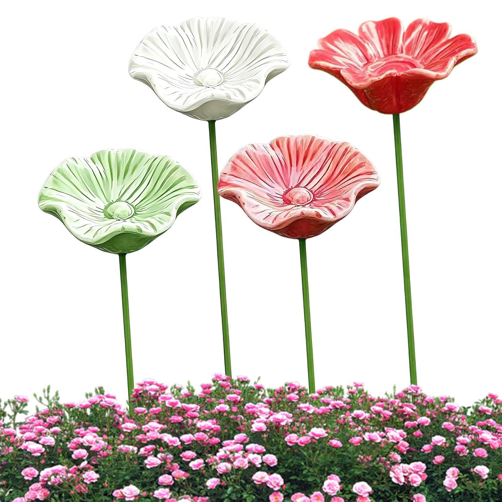 Set of 4 Ceramic Bee Drinks, Feeding Bowl with Metal Rod, Creative Flowers, Garden Stake, Butterfly Honey Dispenser