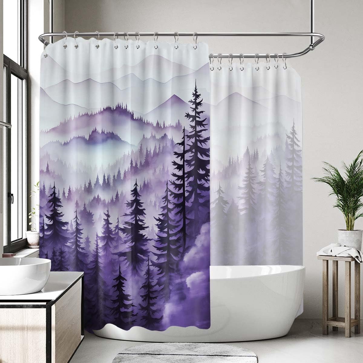 Extra Wide Shower Curtain for Clawfoot Tub, 108x72 Inch, Purple Forest Nature Mountain Pattern Bathroom Decor, Waterproof Cloth Fabric with Hooks