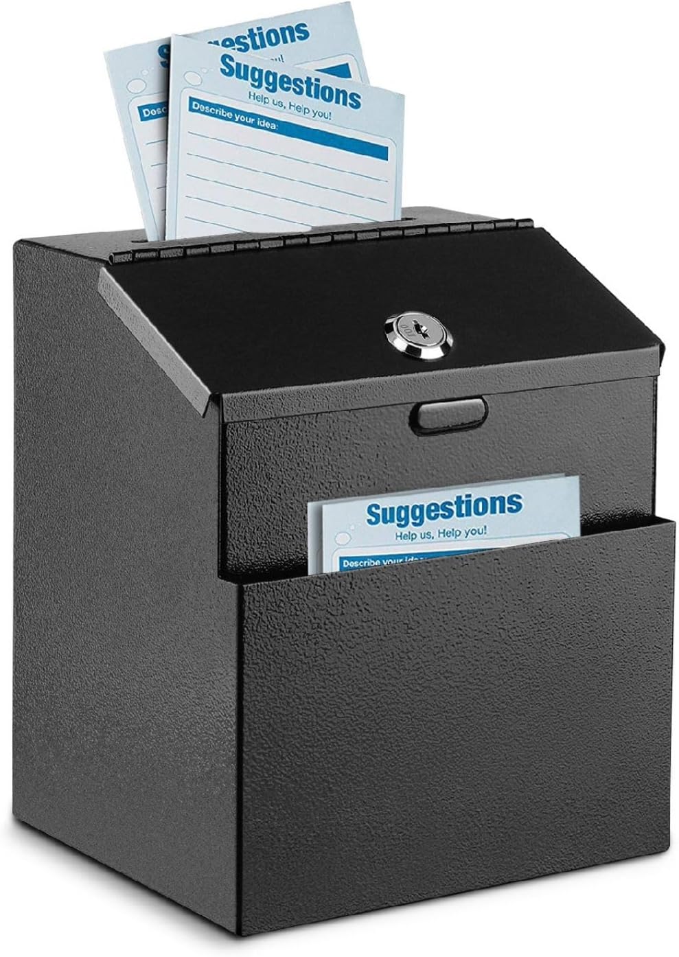 Flexzion Suggestion Box with Slot and Lock - Wall Mounted Locked Ballot & Donation Collection, Metal Drop Safe with Keys, 25 Suggestion Cards, Black Offering Box for Church Prayer Requests