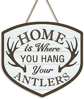 Home is Where You Hang Your Antlers Front Door Sign, Rustic Country Hunting Cabin Wood Plaque Hanger Outdoor Home Decor, Farmhouse Wooden Wreath Wall Hanging Decoration Gifts for Hunters