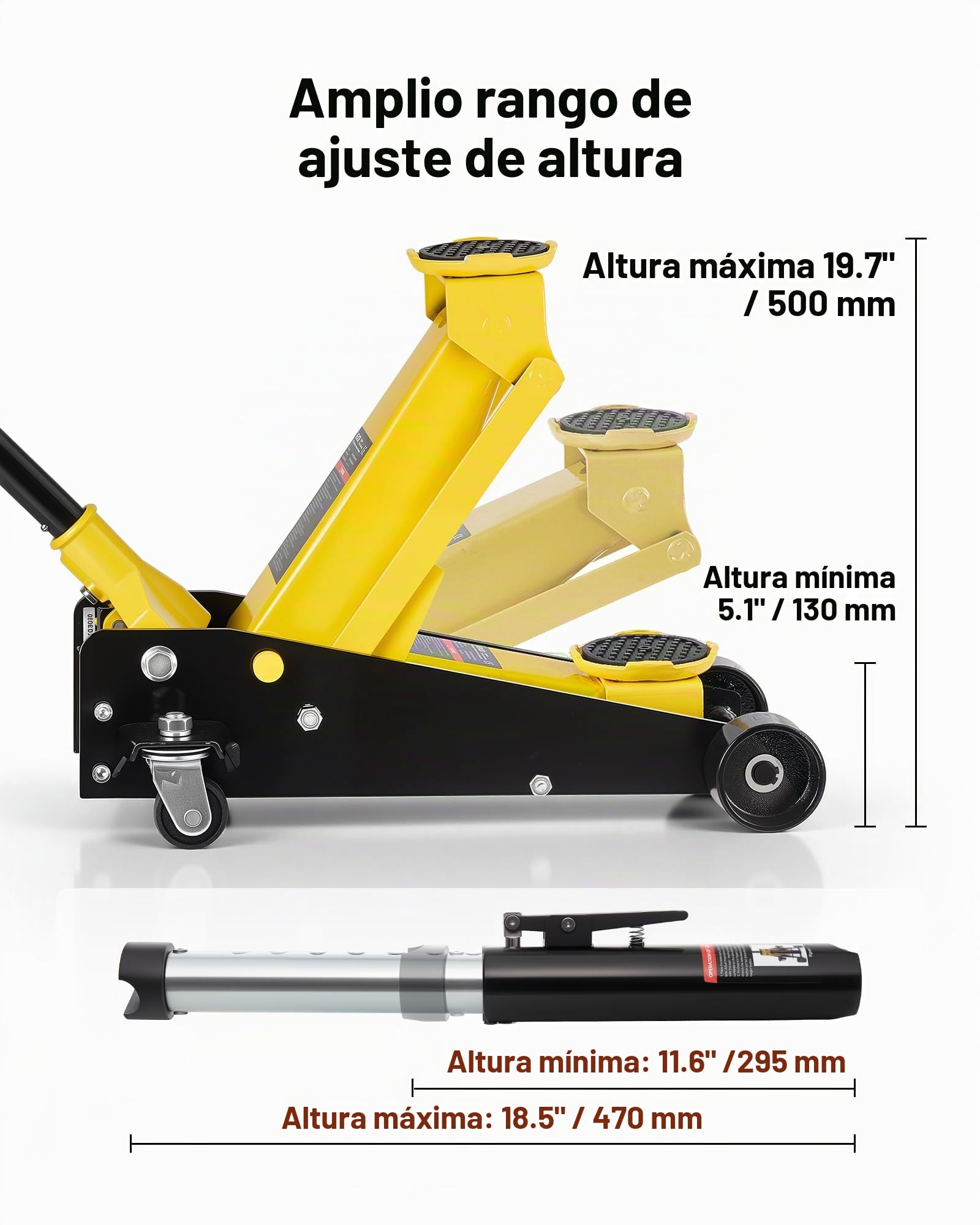 VEVOR Gato de Perfil Bajo Capacidad de 3 t, Gato Hidráulico con Bomba de Elevación Rápida de Pistón Único, Rango de Elevación 130 a 500 mm, Barra de Soporte, para Autos Deportivos, SUV, Camionetas