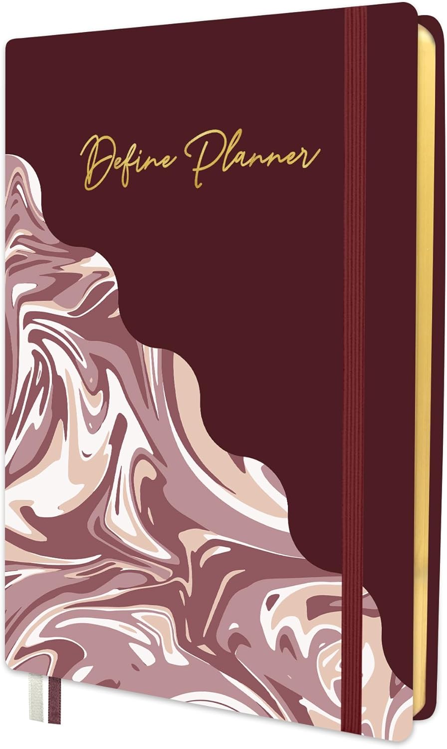 Define 12-Month Undated Monthly & Weekly Planner, Softbound, Goal Setting Pages, Premium Paper (Marble Burgundy)