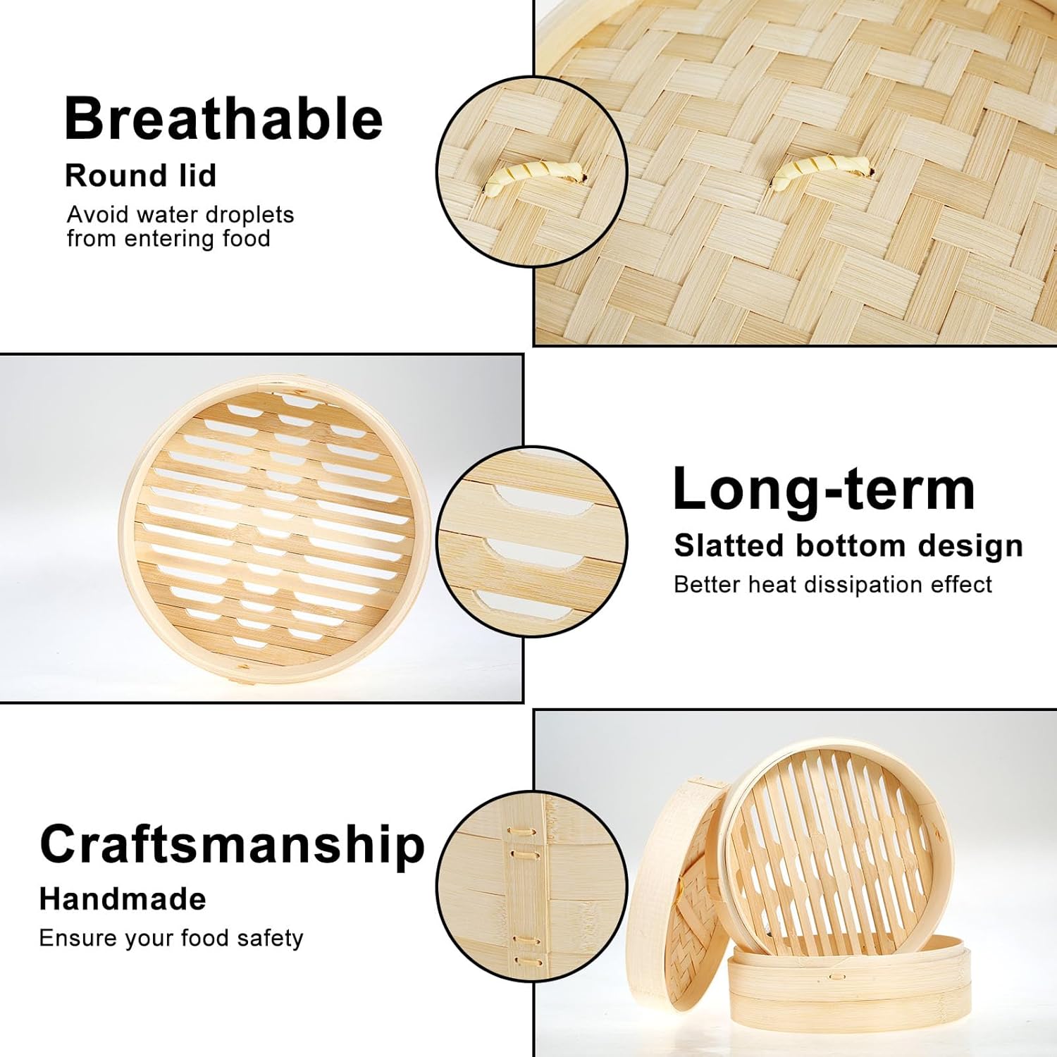 2 Tier Bamboo Steamer Basket, 10 Inch Bamboo Steamer, Versatile Wood Dumpling Steamers for Cooking Dim Sum, Momo, Rice, with Steamers Ring Set
