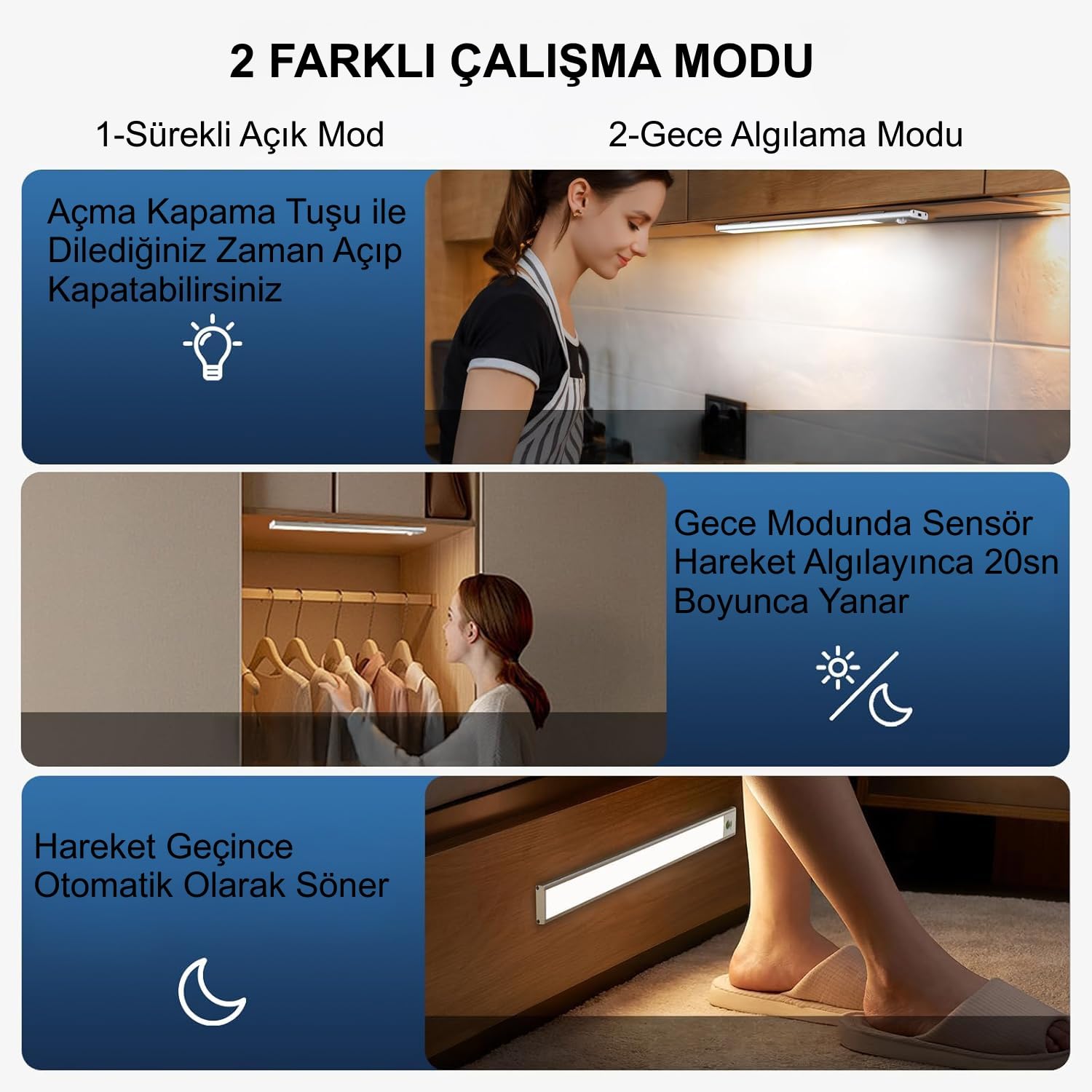 HyMark 40cm Sensörlü Alüminyum USB Şarjlı LED Gece Lambası 3 Renk Kısılabilir Mutfak Dolap Tezgah