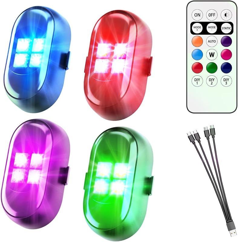 Wireless LED Lights for Car 4PCS, Interior Car Lights with Remote, USB-C Charging Strobe Lights, 80H Battery 8 RGB Colors IP65 Waterproof Ambient Lighting Car Accessories for Trucks Motorcycles Bike