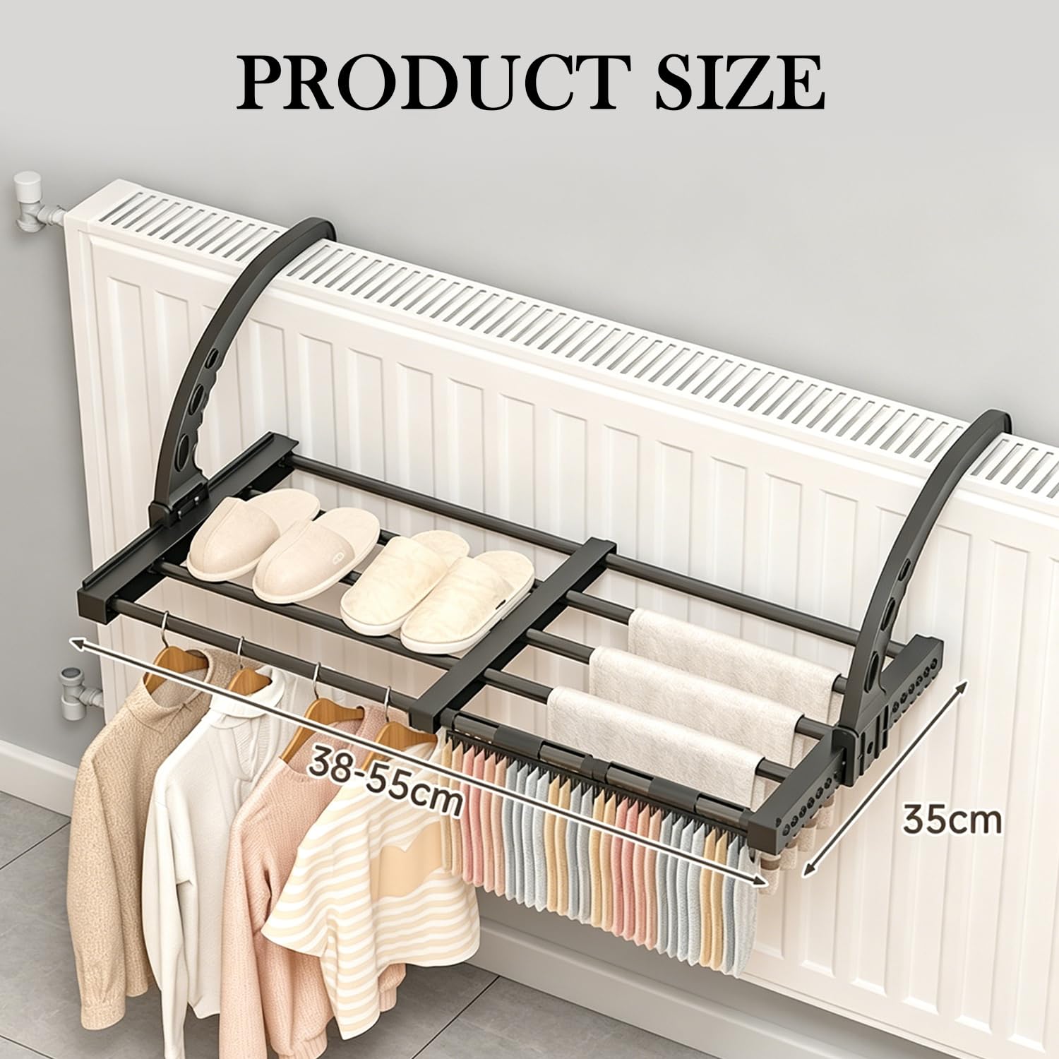 Torytoestendibiancheria da balcone con ganci per calzini, stendibiancheria da parete per interni ed esterni 38-55 cm, nero
