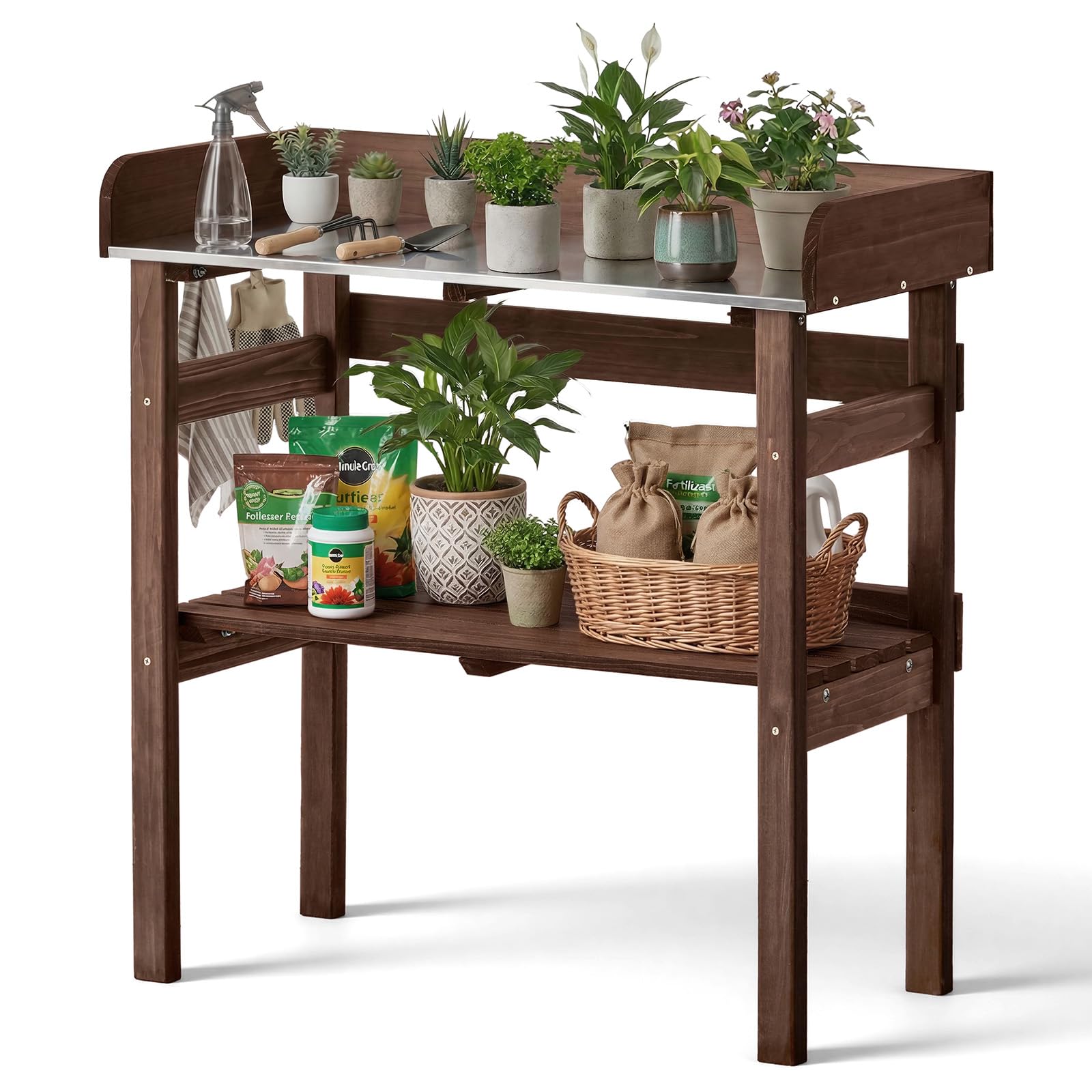 VEVOR Mesa de Jardinería, Banco de Trabajo de Jardín de Madera 78 x 38 x 82 cm con Tablero de Metal Galvanizado, Estante Superior, Ganchos, Cajón, Armario para Macetas Exterior Almacenamiento Patio
