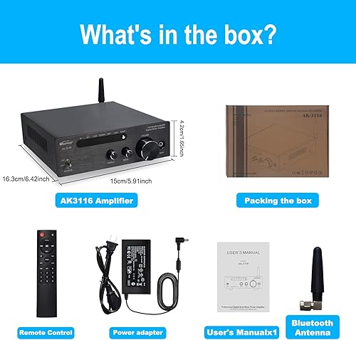 Miniatura 7 de Mini amplificador de audio estéreo receptor Bluetooth 5.3, RMS 100Wx2 TPA3116 Clase D Amplificador de potencia de audio HiFi 2 canales para