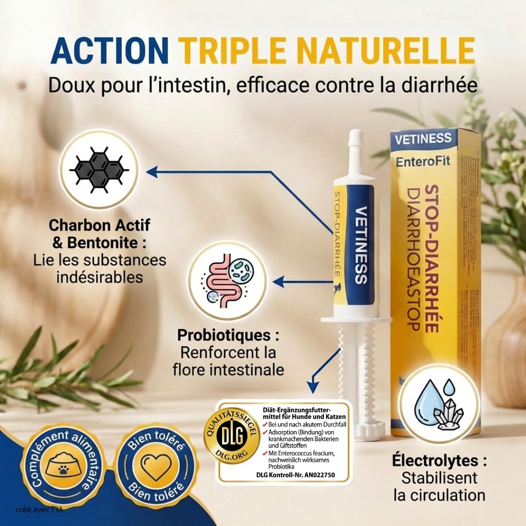 Pâte Anti diarrhée Chien 15 ML | Probiotique Chien pour diarrhée aigüe - Smectite & Charbon Actif Chien- Santé intestinale