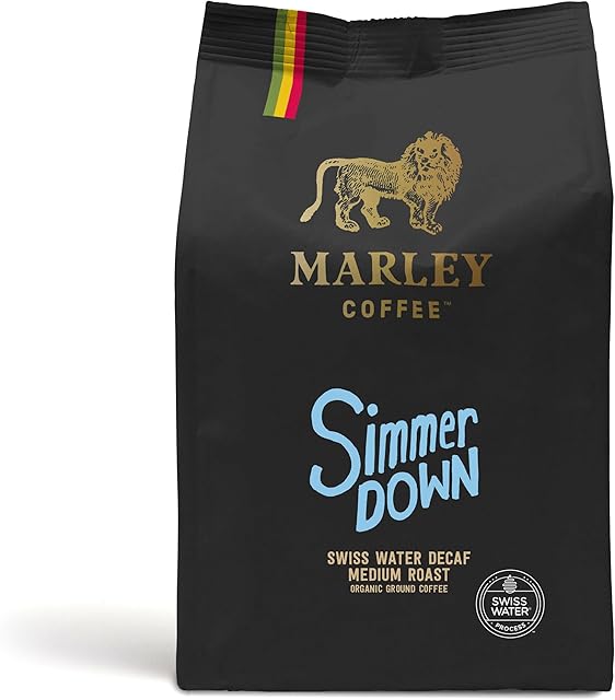 Decaffeinated Organic Ground Coffee 227g - Swiss Water Decaf - Medium Roast - Simmer Down Blend - Marley Coffee - From The Family of Bob Marley - V60 Filter Cafetiere Aeropress - Strength 3