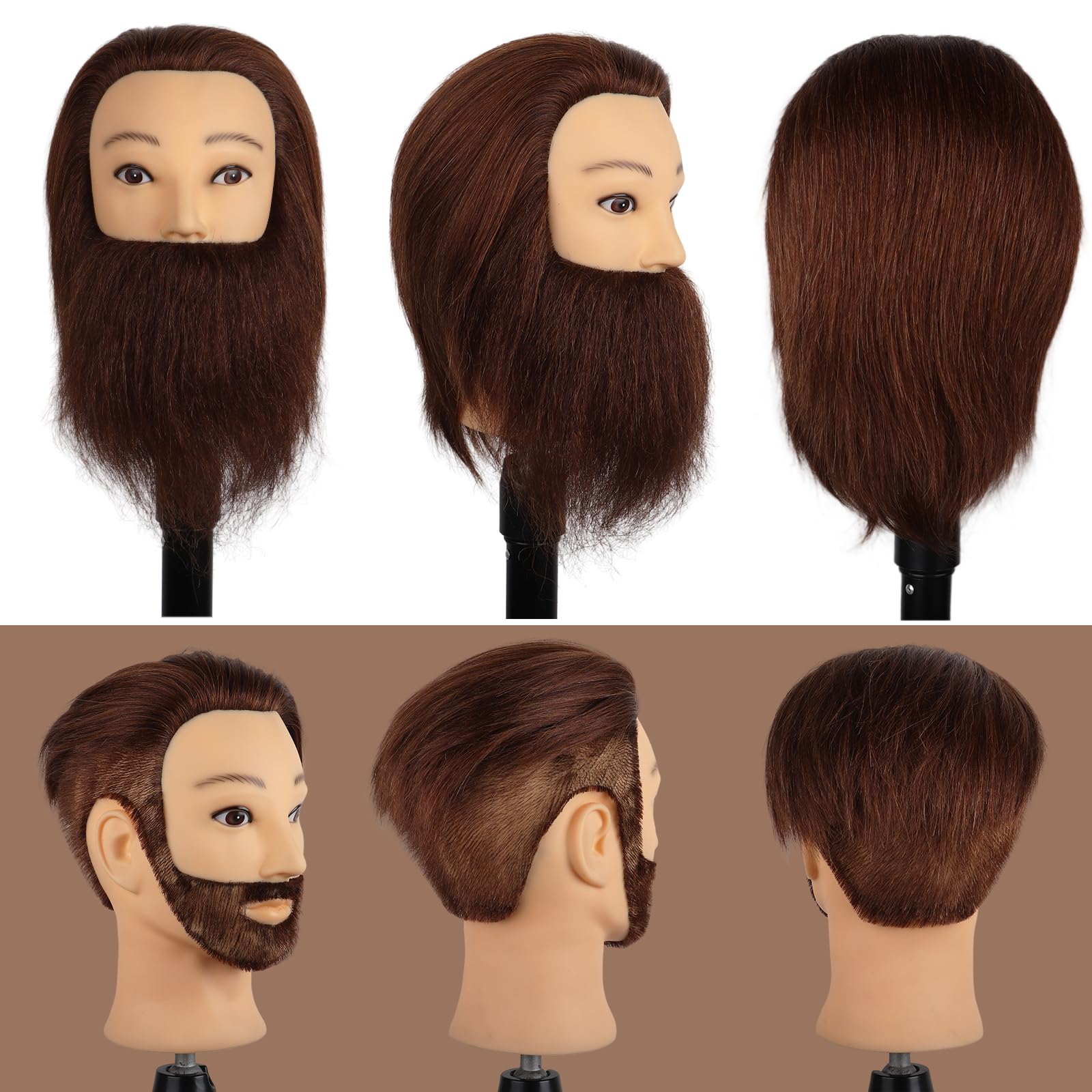 Mann Frisierkopf 100% Echthaar mit Bart, Friseur Übungskopf Braun Haar 35 cm mit Tischklemme
