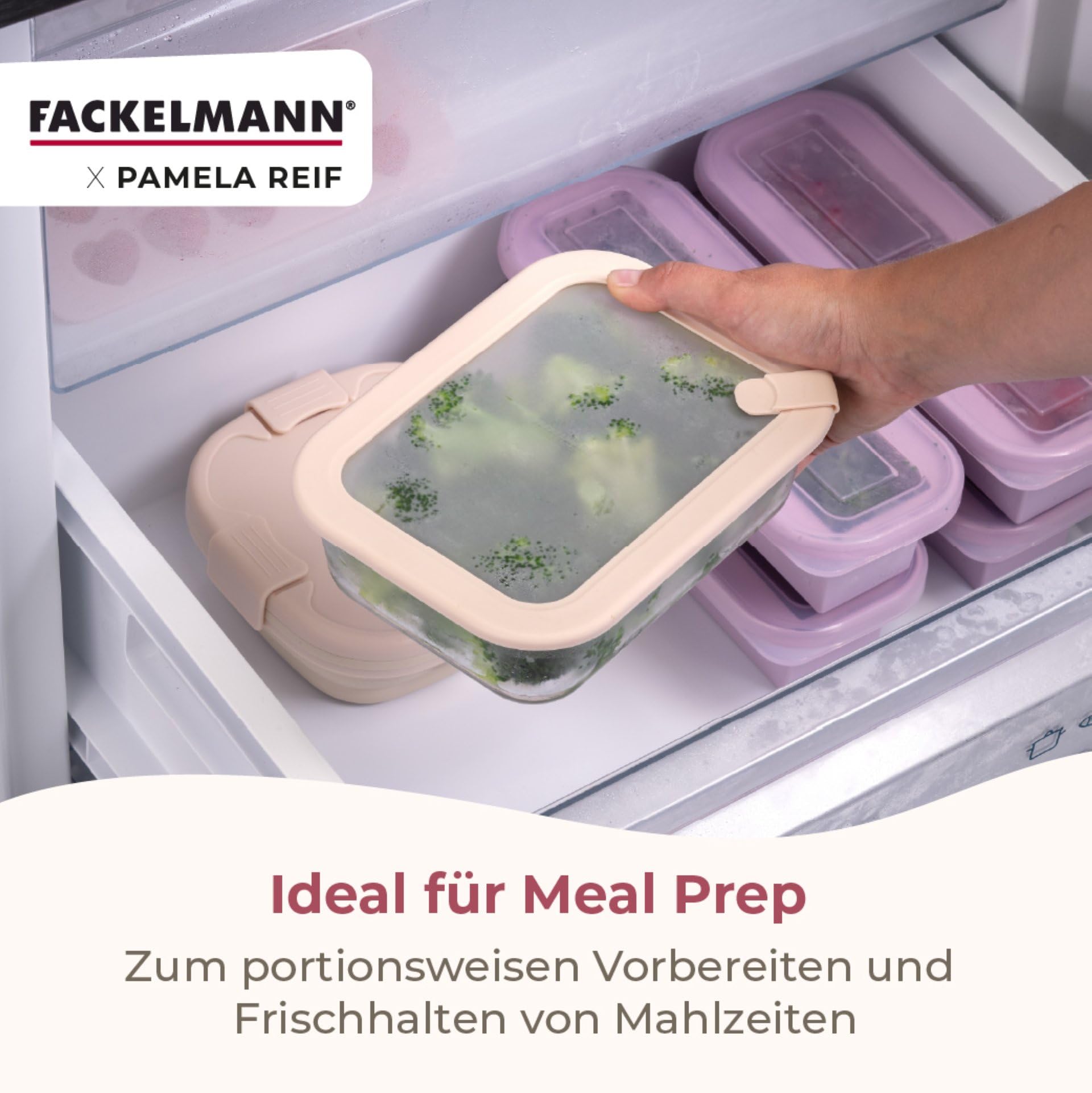FACKELMANN x Pamela Reif Vorratsdosen aus Glas – 6 Stück, 1050 ml, mikrowellen- und backofengeeignet, mit Lüftungsventil, pastellbeige