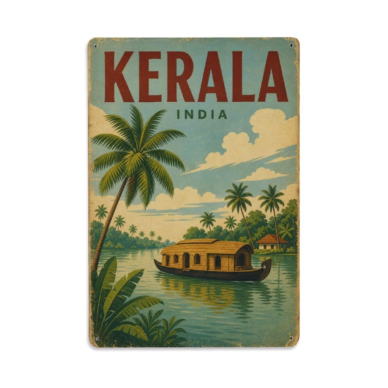 Travel Vintage India Kerala Metal Tin Sign Plaque Wall Decor for Cafe, Club Bar, Office, Garden Metal Poster 8x12Inch