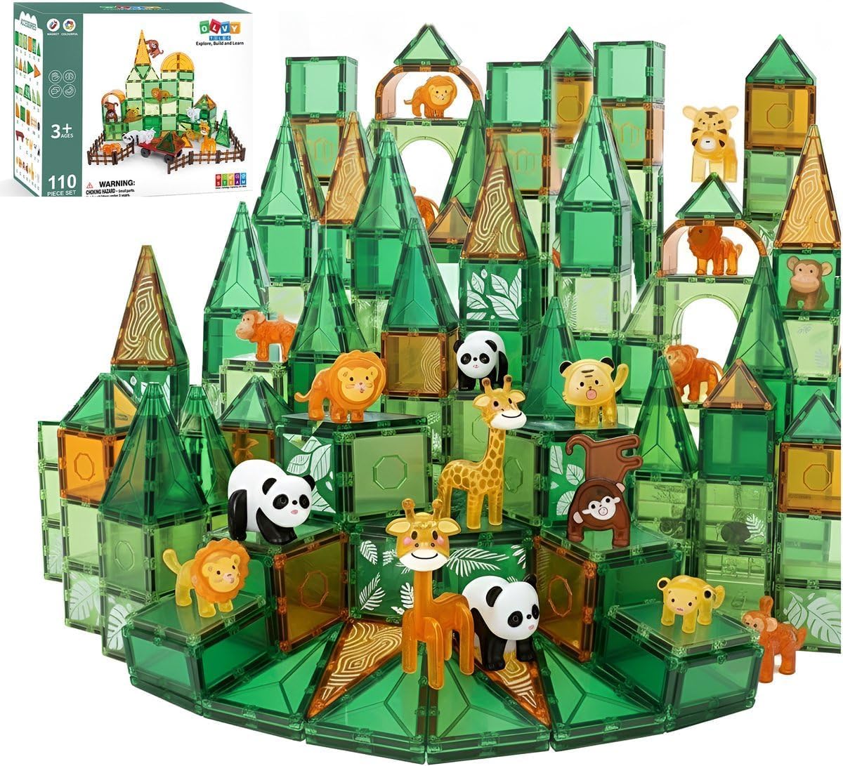 Olvy Montessori Magnetic Blocks Toy - 110 tessere magnetiche per bambini - Giocattolo di costruzione magnetico per bambini dai 3 anni in su - Blocchi magnetici Smart Playground, set magnetico per bamb