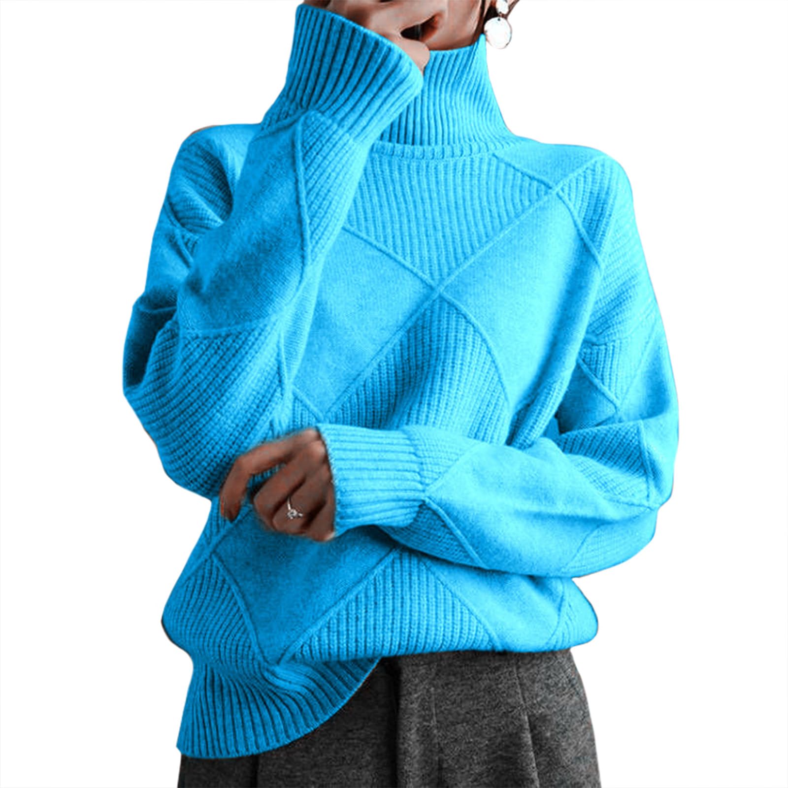 Womens Loose Fit Cable Knit Turtleneck Long Sleeve Jumper Chunky Winter Casual Oversized Pullover Sweaters