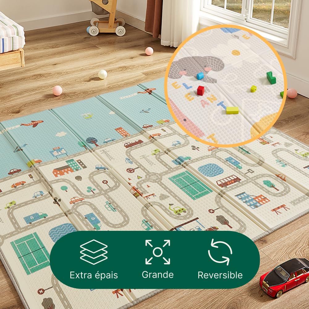 CASABEL 180 x 150 cm Evolutionary Baby Play Mat - Foldable Baby Mat, Waterproof and Thick, Cars Patterns, Large, Soft and Colorful, Compact Play Mat Easy Storage - 3