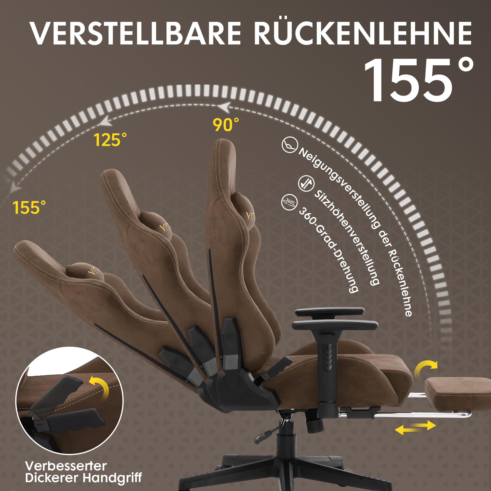 Vittanly Sedia da gaming, lussuosa e traspirante, in finta pelle scamosciata, da ufficio, da gaming, ergonomica, con poggiapiedi e cuscino lombare, braccioli 3D, schienale 90-155°, marrone