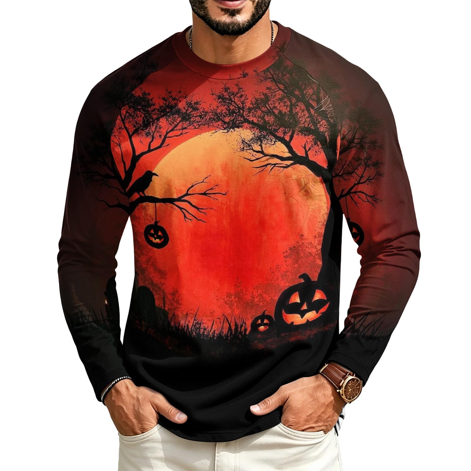 Halloween Crew Neck Shirts Costumes for Men Long Sleeve,03-Wine L — image 1