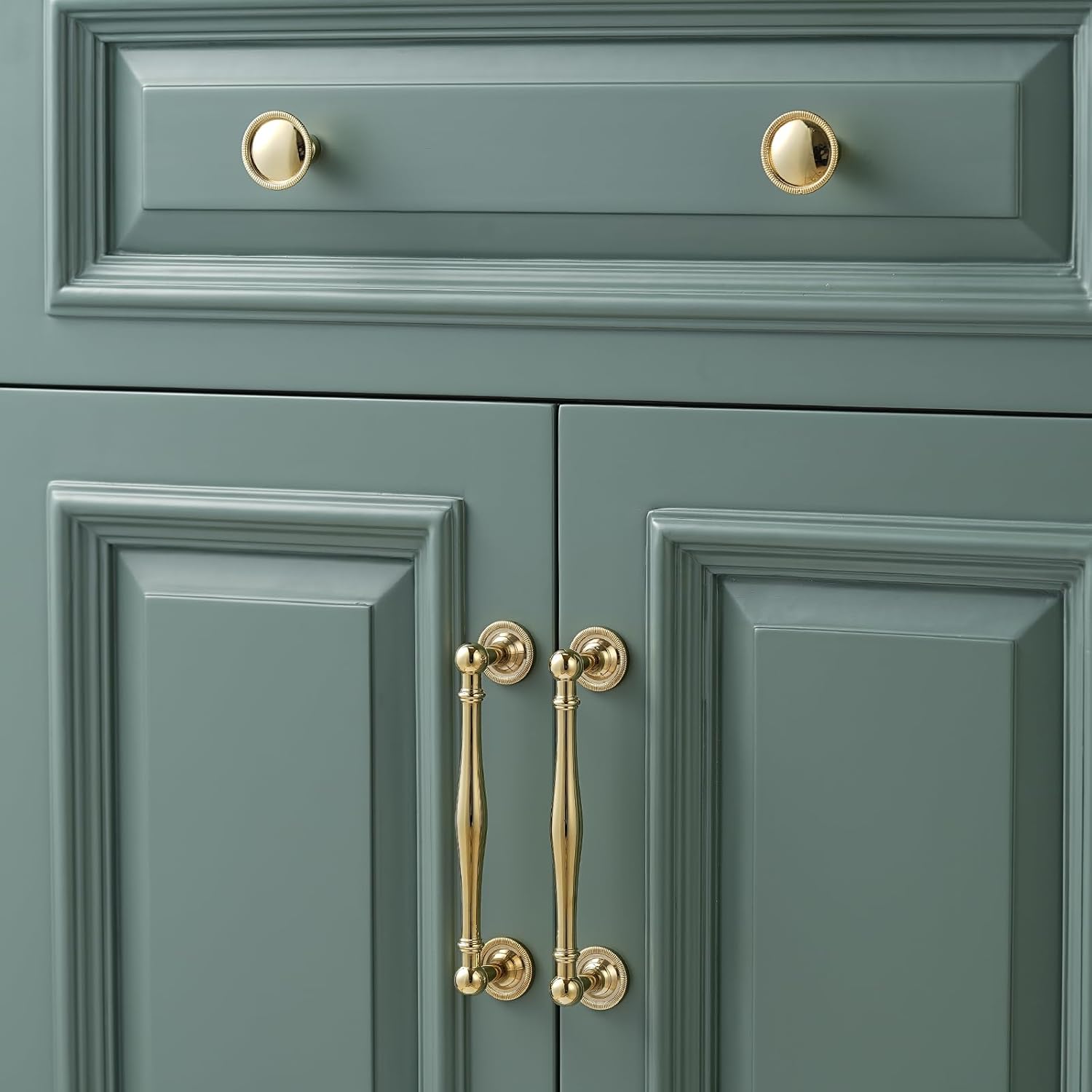 2 Pack | Cabinet Knobs | Solid Brass | 1-5/16" Diameter | Polished Gold | Modern Grooved Design | Drawer Knobs for Kitchen, Bathroom, Closet