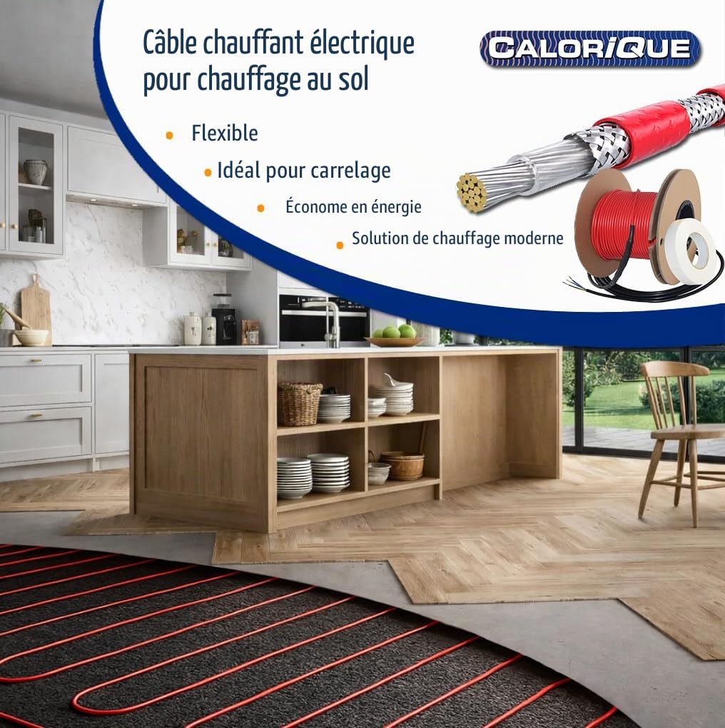 Câble chauffant de sol électrique CALORIQUE - 16W/m - 2400W au total (150 m) - Pour une surface de chauffage de 12 à 24 m² - Technologie TWIN - Classe d'efficacité énergétique A +++