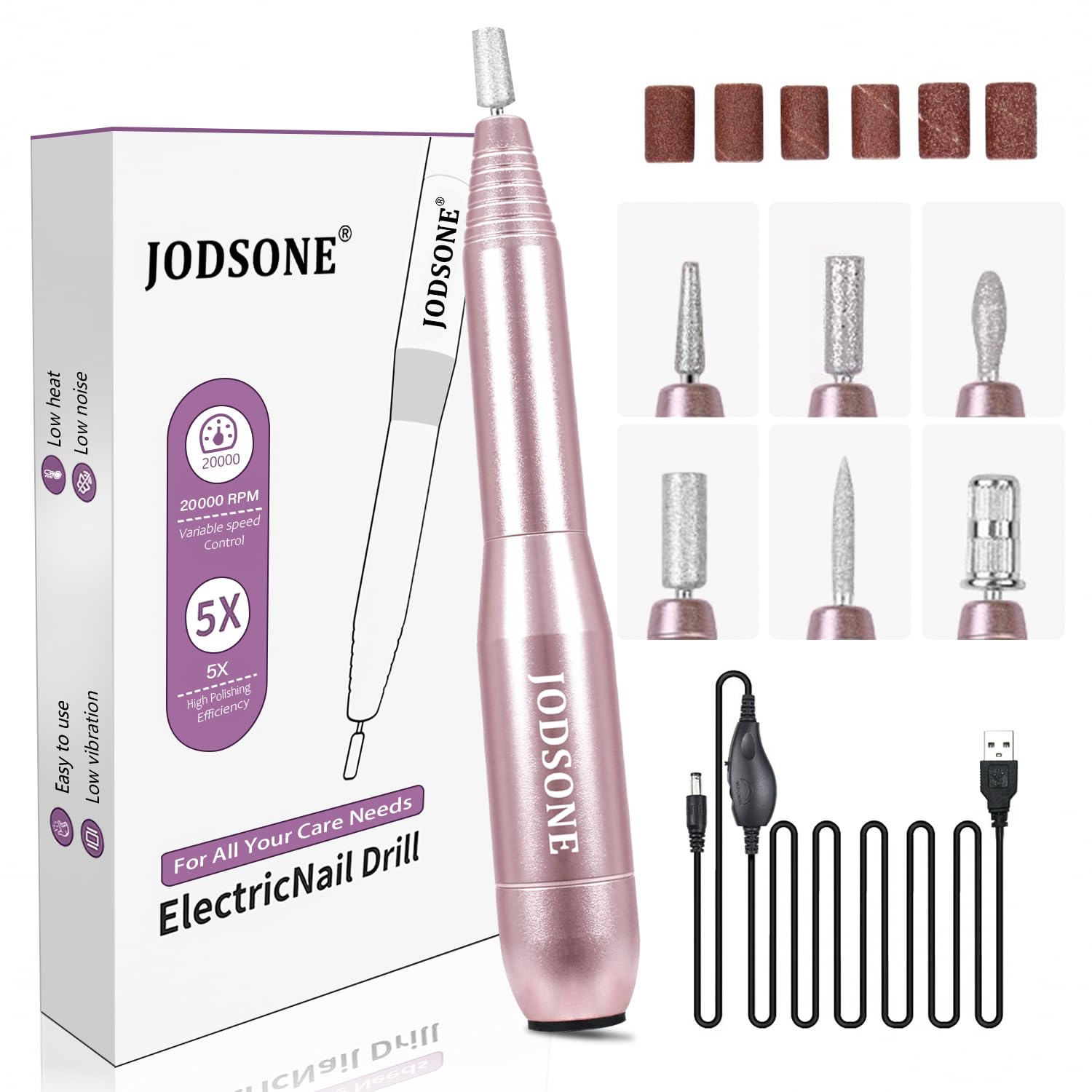 JODSONE Professional Electric Nail Drill 20000RPM Low Noise Work efficiently with 6 Replacement Drills for Salon and Home Use JODSONE Professional Electric Nail Drill 20000RPM Low Noise Work efficiently with 6 Replacement Drills for Salon and Home Use