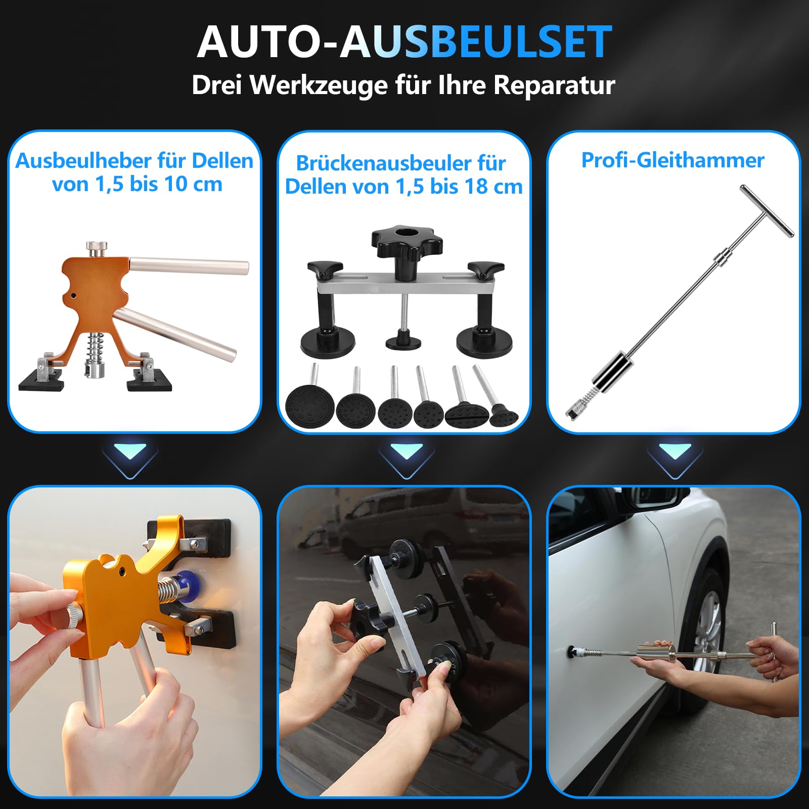Auto Dellen Reparaturset 119Pcs - Auto Reparatur Ausbeulwerkzeug Lackfreies Dent Reparatur Puller Kit Karosserie Beulen Ausbeulwerkzeugset für Hagelschaden Fahrzeug Dellen
