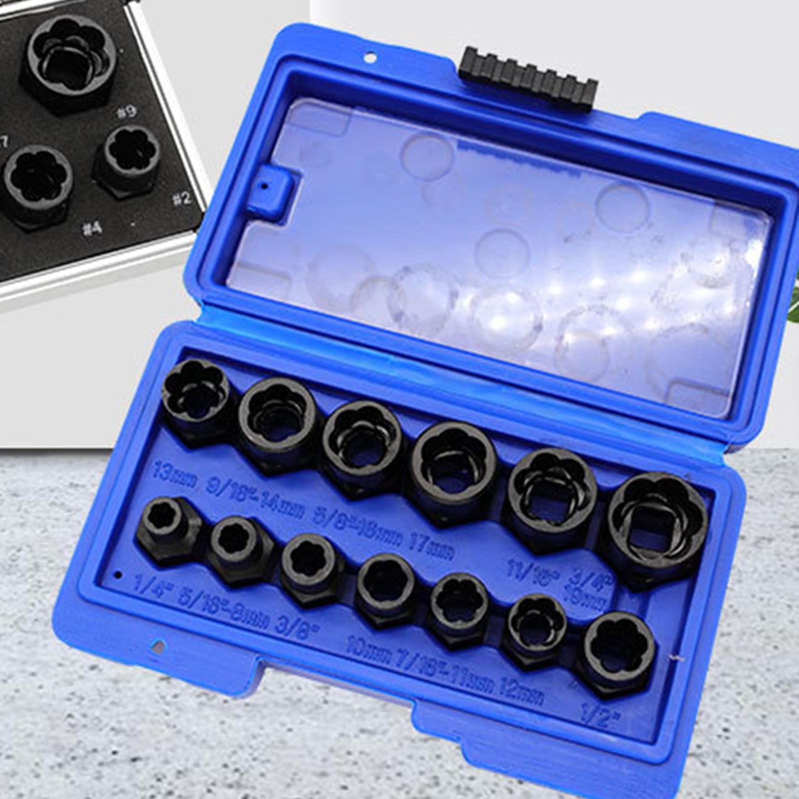 Juego de 13 Herramientas para extraer Tornillos y Tuercas dañadas, con Llave de Vaso, como se Muestra en la Imagen.