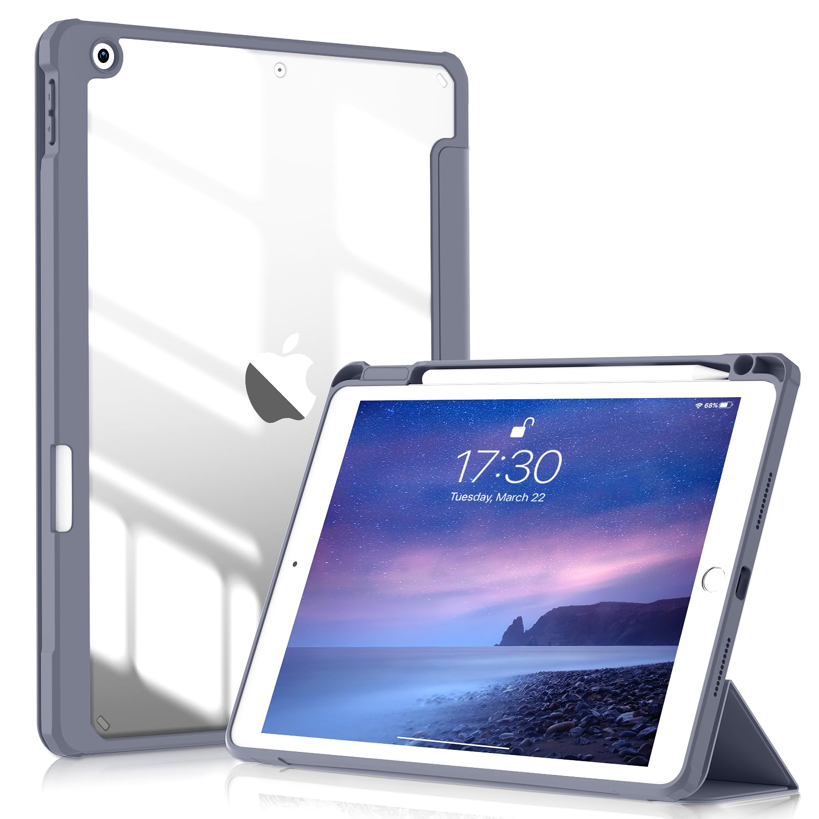 SQBEBS iPad 10.2 ケース iPad 第9世代 ケース 2021/ iPad 第8世代 / 第7世代 2020/2019 クリア透明アクリル製 ペンシルホルダー付き 軽量 薄型 衝撃吸収 自動スリープ/スリープ解除機能付き グレーブルー