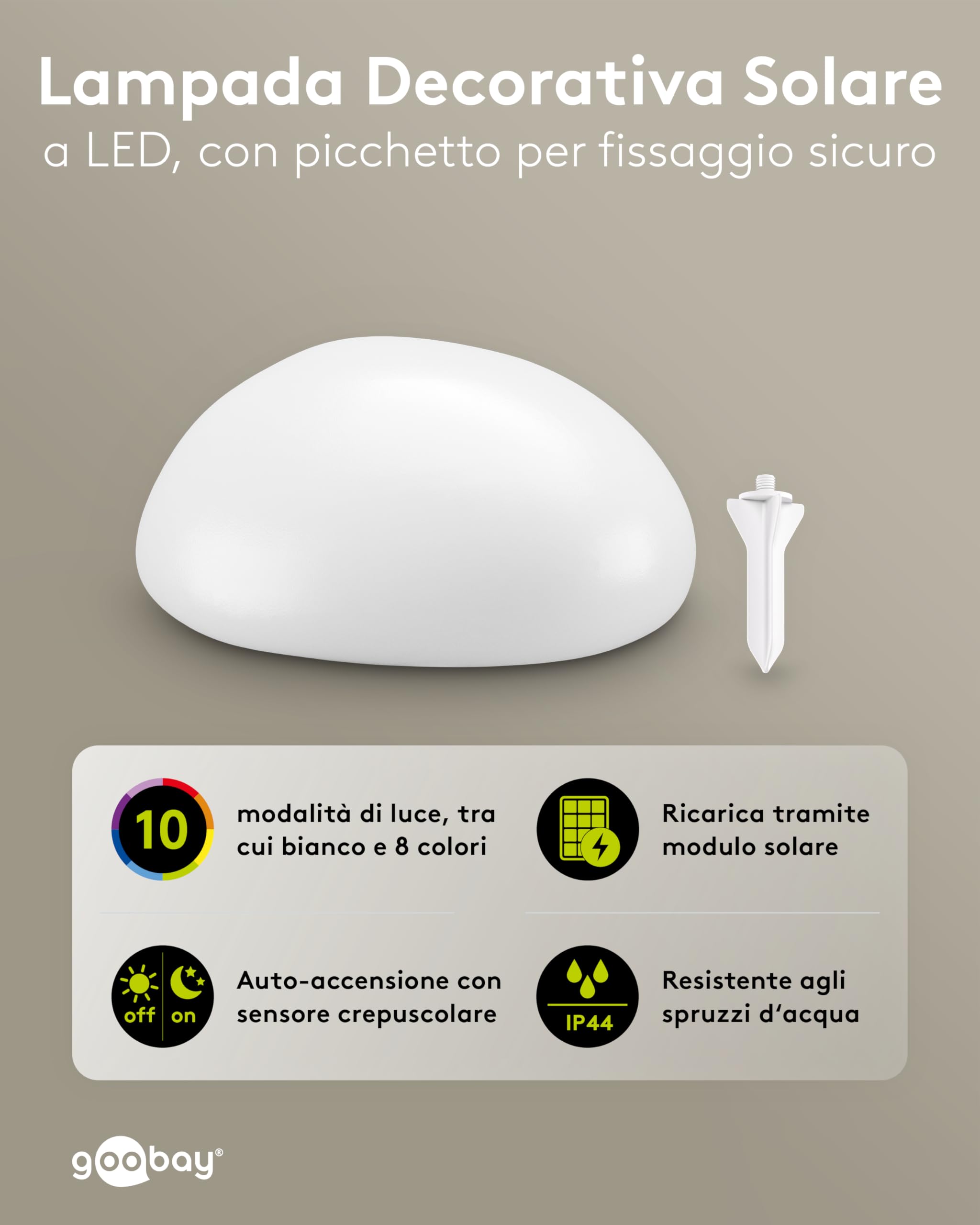 goobay Set da 2 pietre solari LED 24 cm - luminose RGB per esterni, resistenti alle intemperie | Solare decorativa per terrazza, balcone, giardino | 10 modalità di illuminazione e picchetto da terra
