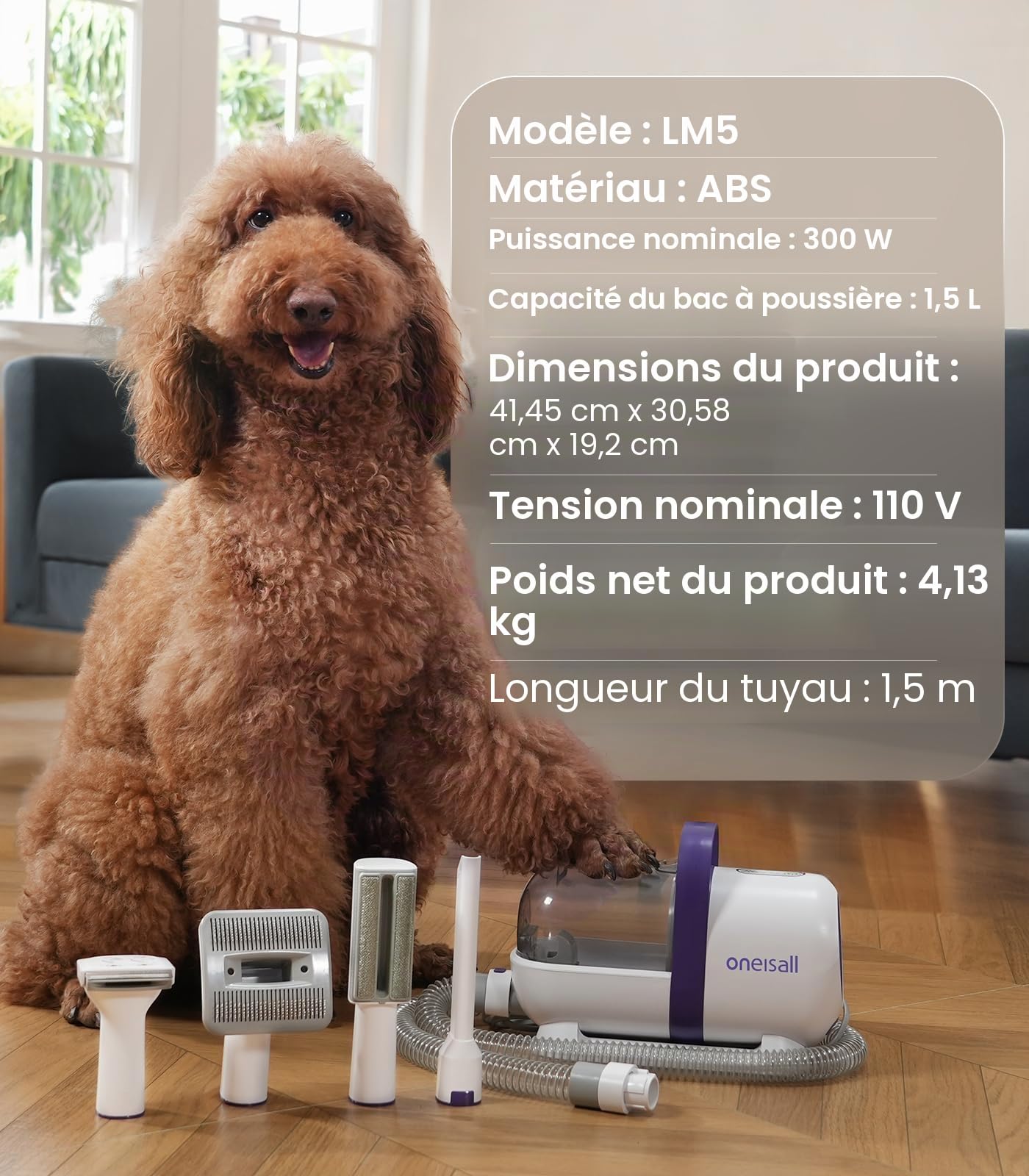 oneisall Aspirateur pour chiens avec brosse,Puissance d'aspiration élevée Brosse pour chiens aspirateur avec 12000 Pa,Aspire 99.99% des poils d'animaux (1,5L) avec 4 accessoires d'entretien(Pourpre)