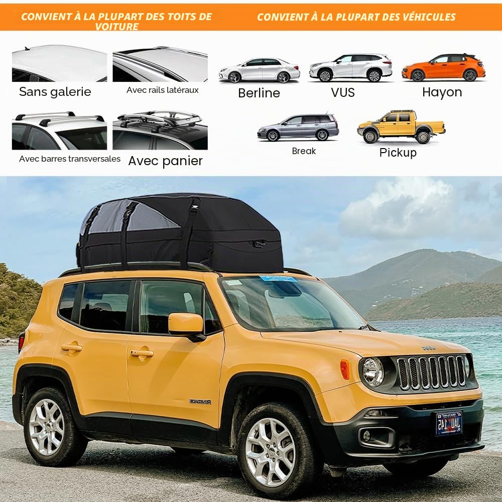 Coffre de toit pour voiture 595 L Pliable Étanche Sac de toit Boîte de rangement avec 6 boucles de renforcement pour véhicules avec/sans porte-bagages Transport de bagages, fourgonnettes, SUV