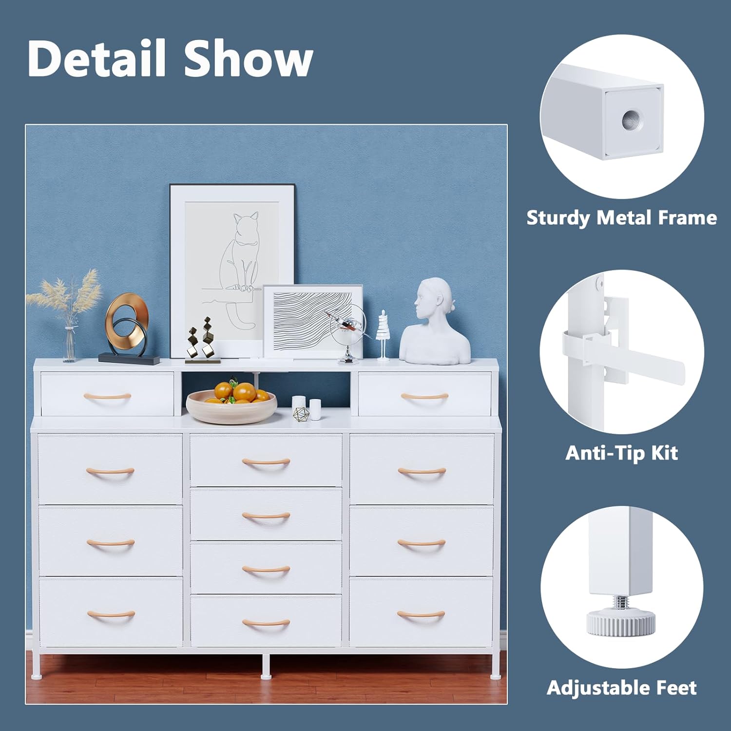 Interior view of the dresser showing 12 large storage drawers filled with various items like clothes, toys, and books, demonstrating ample storage space.