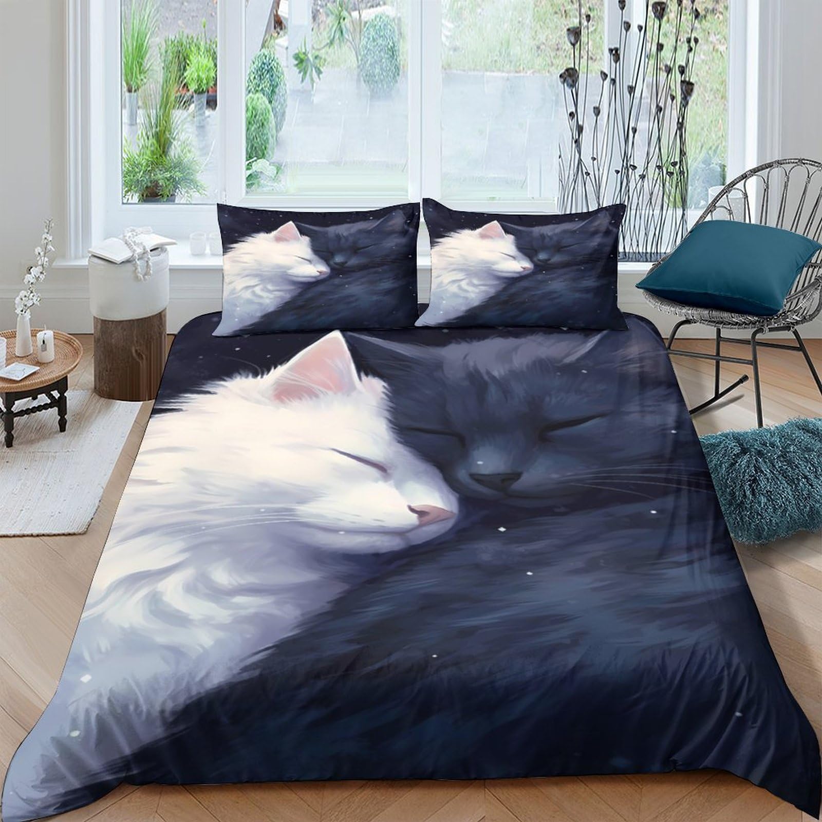 Ctjqhvkz Style-6 3D Printed White Cat Fitted Sheet Microfiber Soft Breathable Black Cat Bed Cover For Bedroom Guest Room Decor Single（135X200cm）