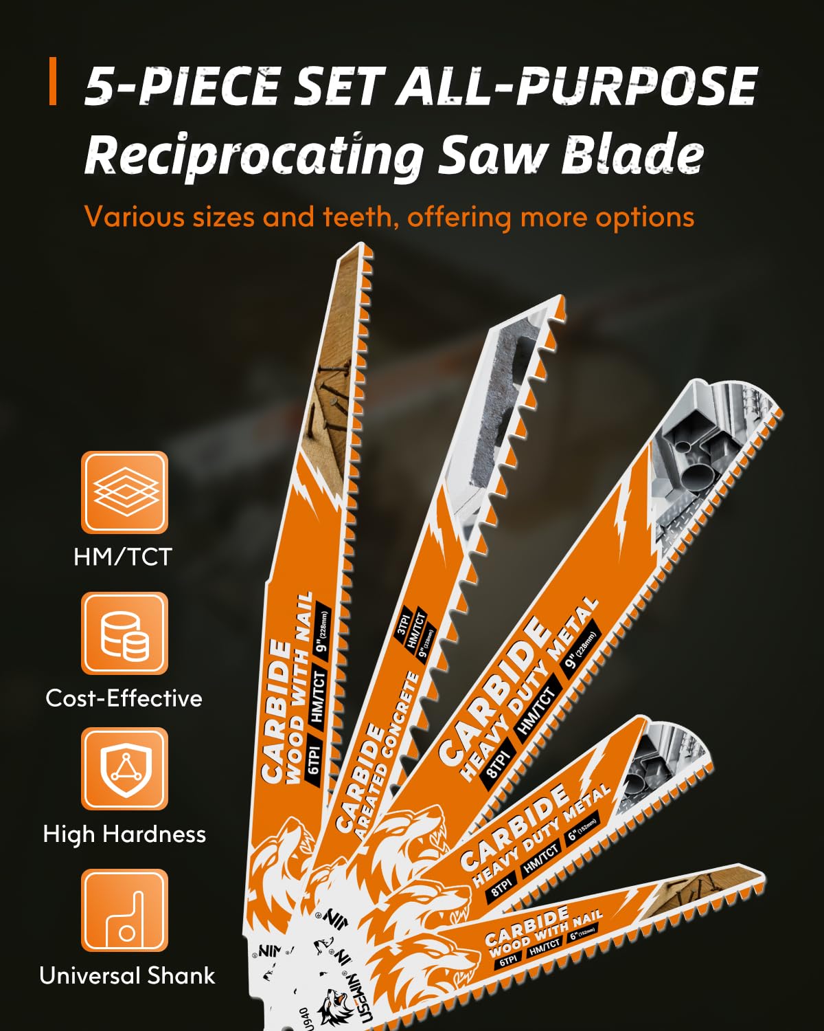 5 Pack Carbide Reciprocating Saw Blade Set, Premium Metal Blades Set for Nail Embedded Wood, Concrete, Heavy Metal, Cast Iron, Alloy Steel Cutting, Heavy-Duty for Demolition